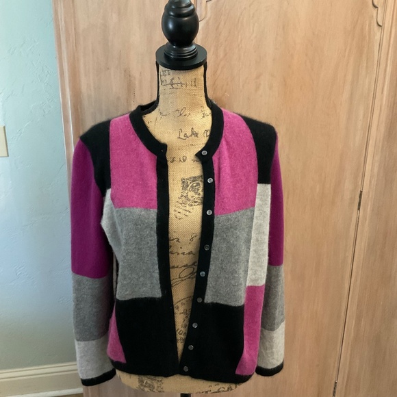 Charter club cashmere 2-ply color blocked cardigan sweater pink/grey w/ flaw - Picture 7 of 12